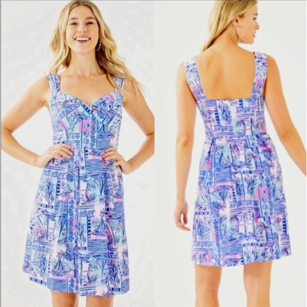 Lilly Pulitzer Cyndi Whisper Blue Pink Tropical Dress Pockets Size 10